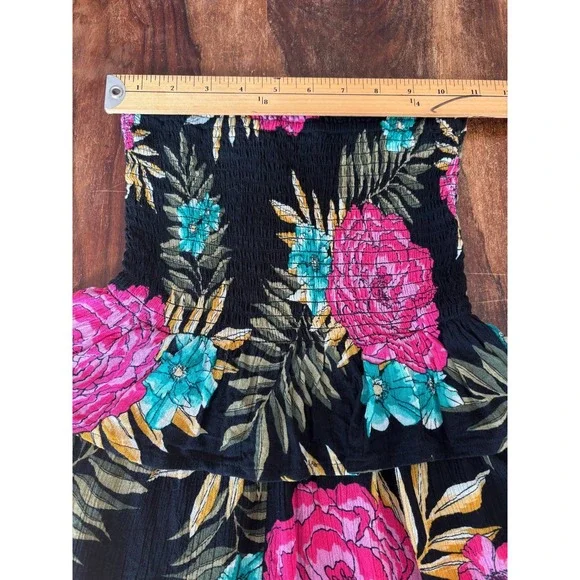 Women's Billabong Strapless Romper Hawaiian Print on black ruched bodice Sz Xs - Picture 4 of 9